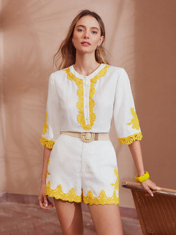 Ensemble assortie blouse + short en lin avec bordure en dentelle contrastée - Ima Boutique Paris